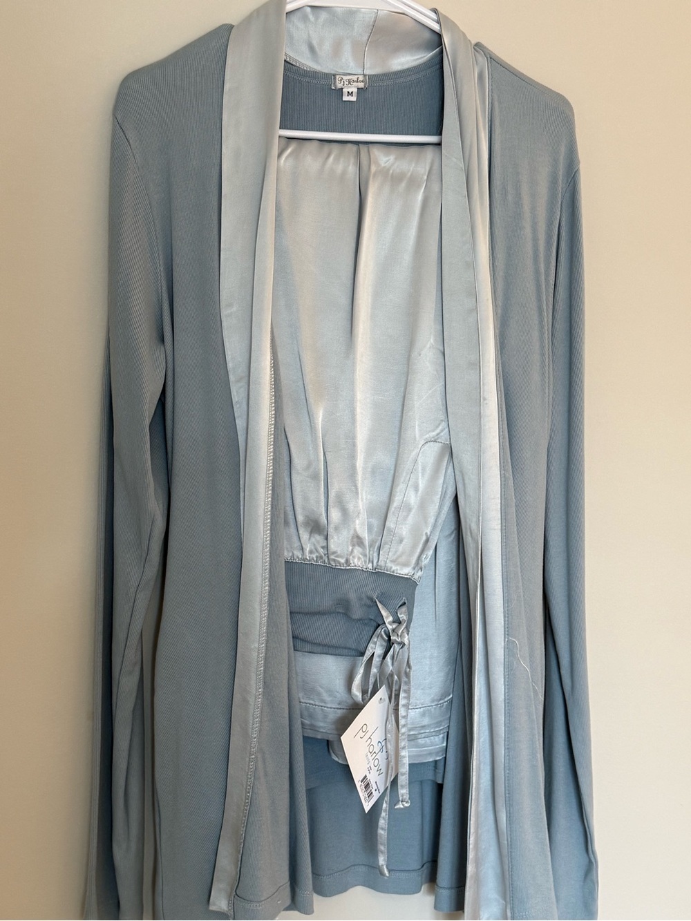 PJ Harlow Blue 3 Piece Satin Lounge Set Cardigan Tank Wide Leg Pants - Picture 9 of 10